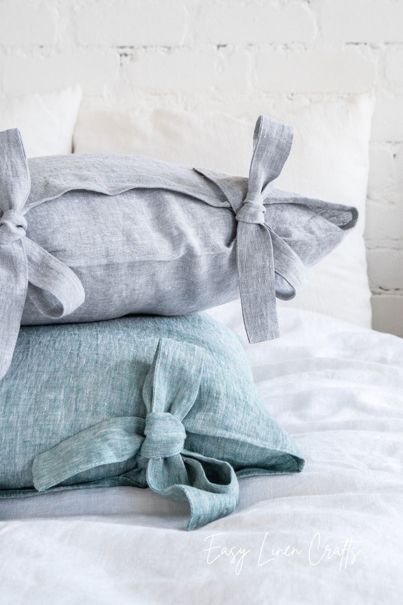 Linen pillow cover, linen pillowcase with ribbon ties, natural linen pillow case, linen pillow sham cover with bow ties, custom pillow cover image 3
