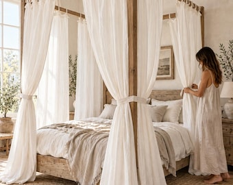 Linen canopy curtain, bed curtain panel with tie top, linen drape for canopy, tie top canopy linen panel, linen canopy bed curtain - 1 panel
