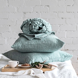 Linen Bedding Set - Fitted Sheet, Flat Sheet and 2 Pillowcases - Melange Green Bedding - Queen King Full Double Custom Sizes - Gift Idea