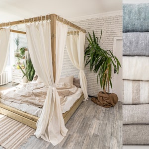 Canopy Bed Curtain With Tie Top | Linen Canopy Drape | Linen Bed Curtain | Canopy Curtain | Semi Sheer Curtain - 1 Linen Panel