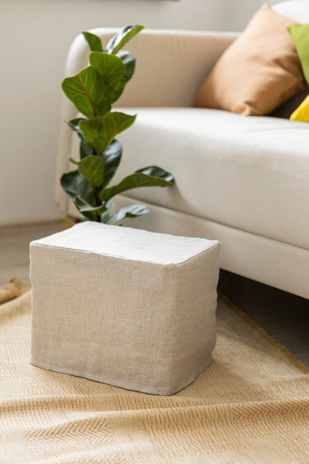 Linen Ottoman Cover in Various Colors, Custom Fitted Linen Pouf Cover