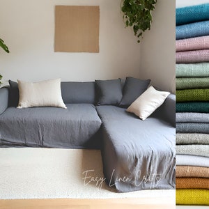 Linen L-Shaped Sofa Cover - Corner Couch Cover - Custom Sectional Couch Slipcover - Natural Linen Cover - Stonewashed Linen Slip Cover