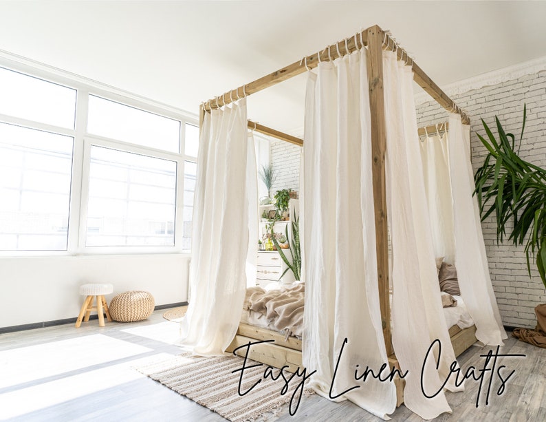 Linen Canopy Curtain Panel 1pcs Bed Curtain With Tie Top Etsy