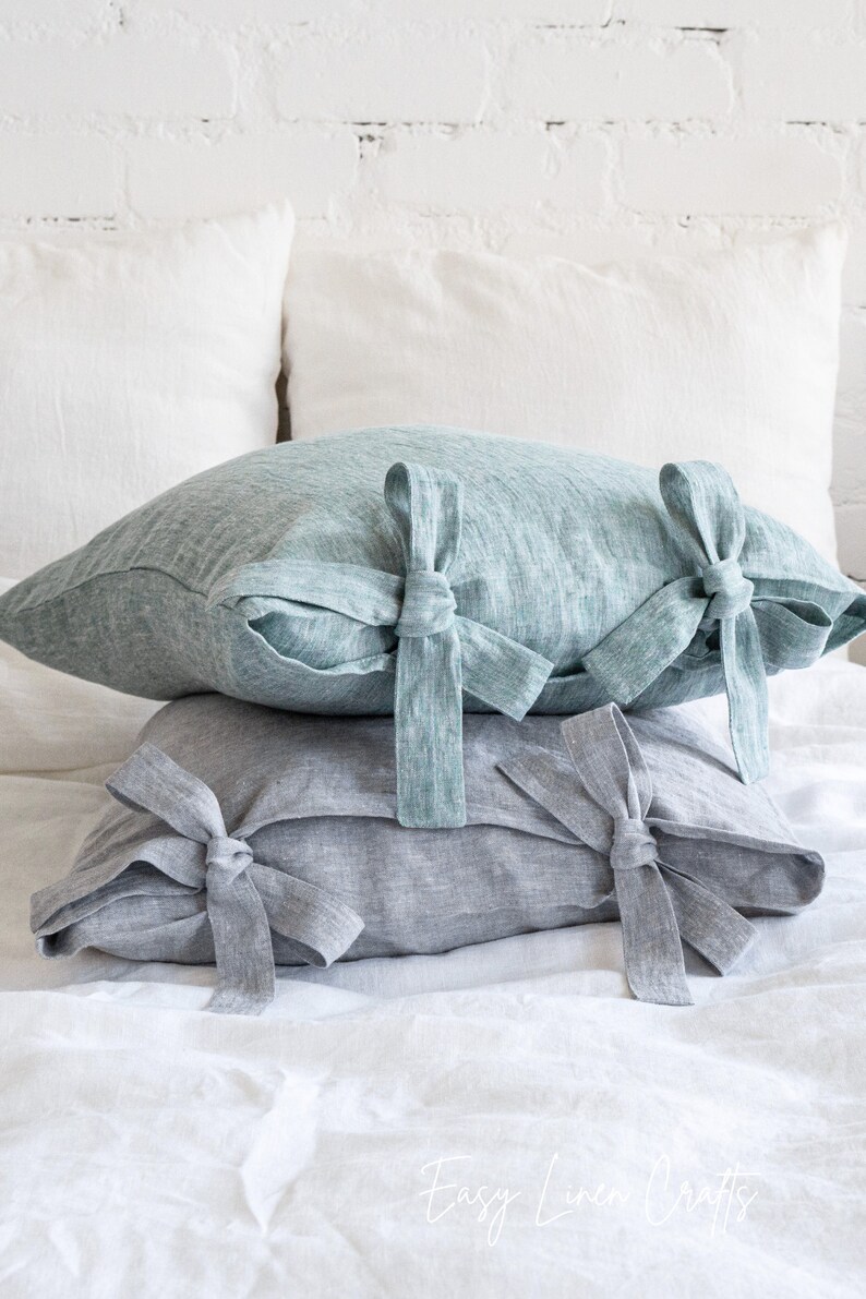 Linen pillow cover, linen pillowcase with ribbon ties, natural linen pillow case, linen pillow sham cover with bow ties, custom pillow cover image 5