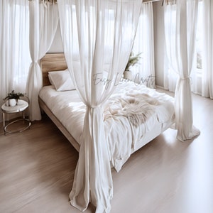 Canopy Bed Curtains, Set of 2 Linen Panels, Tie Top Curtains, Custom Bed Curtains, Semi Sheer Linen Curtains for Four Poster Beds