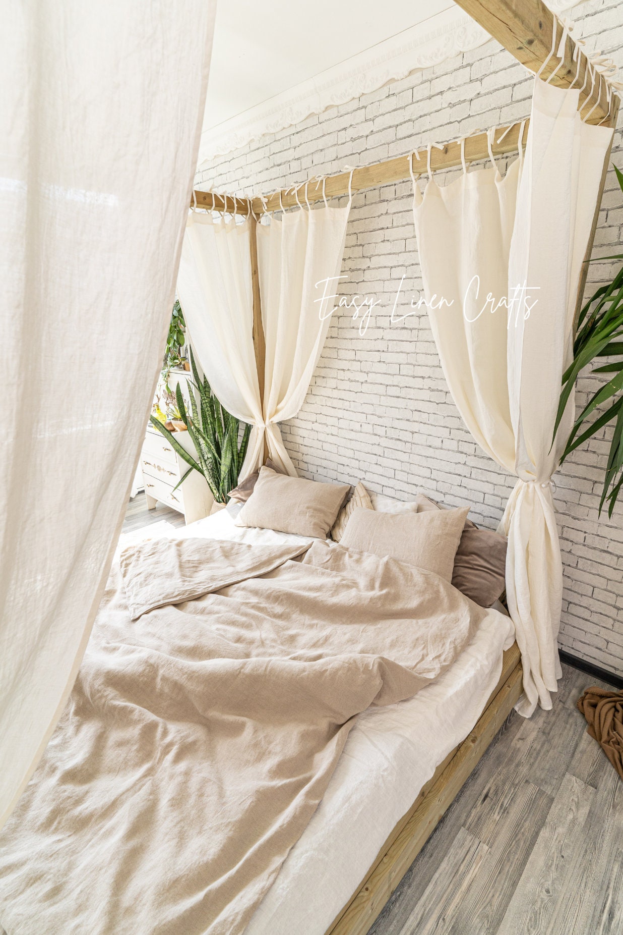 Mengersi Cortinas de lino con dosel, cortinas de cama con dosel, cortinas  transparentes para decoración de dormitorio (marfil, King)