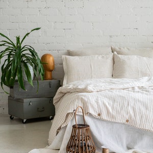 Striped Natural linen pillowcase. Stonewashed fabric standard, Queen, King custom bed pillow cover. Washed farmhouse sofa cushion pillowslip