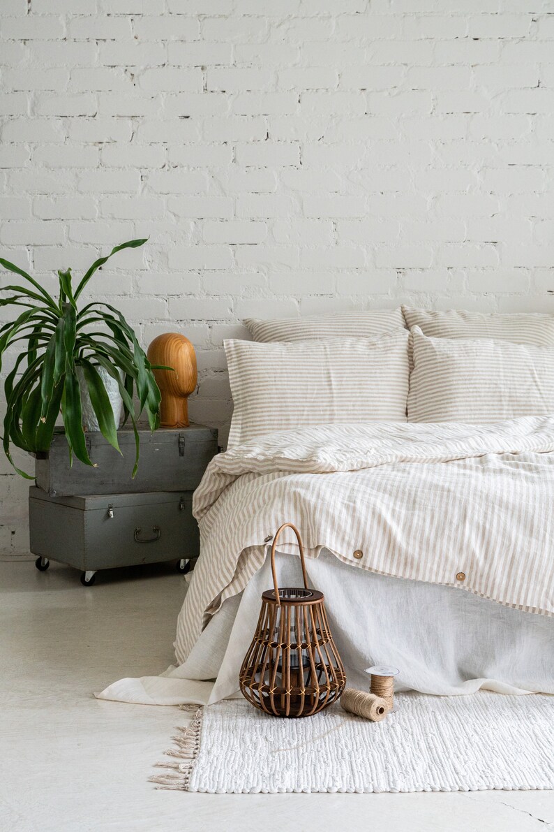 Striped Natural linen pillowcase. Stonewashed fabric standard, Queen, King custom bed pillow cover. Washed farmhouse sofa cushion pillowslip