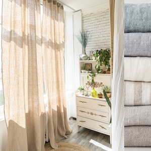 Semi Sheer Linen Curtain Panels Set of 2 for Living Room and Bedroom Windows - Stonewashed Linen Curtains - Back Tab Custom Window Curtains
