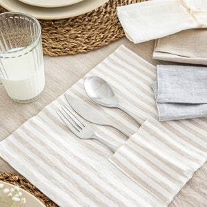 Linen Cutlery Holders Set - Handmade Reusable Cutlery Pocket for Dining Table - Set of Zero Waste Cutlery Case - Table Decor Gift