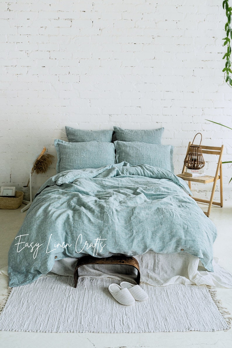 Linen Bed Set Duvet Cover and 2 Pillowcases Queen, King, Custom Bedding Set, Melange Green Linen Duvet and Pillows, Ideal Wedding Gift image 5