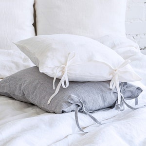 Set of 2 Linen Pillow Covers with Skinny Ties - Linen Bed Pillow Sham Covers - Linen Pillowcases - Standard, Queen, King or Custom Sizes
