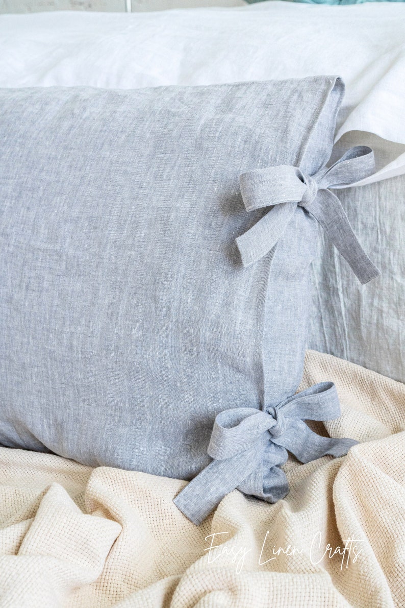 Linen pillow cover, linen pillowcase with ribbon ties, natural linen pillow case, linen pillow sham cover with bow ties, custom pillow cover image 6