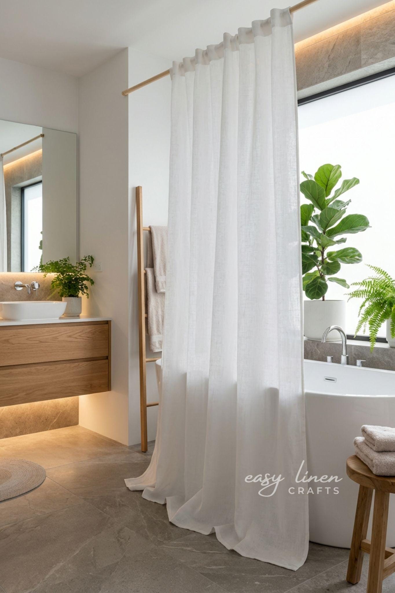 Linen Shower Curtain With Liner, Back Tabs Bath Curtain, Linen Curtain For Shower, Custom Bathtub Curtain, Linen Fabric Shower Curtain