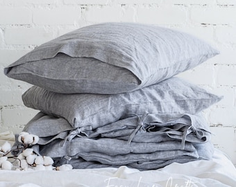 Linen Duvet Cover Set with Pillow Covers - Melange Grey Bedding Queen King Twin Custom Sizes - Bed Linens - Stonewashed Linen Bedding Set