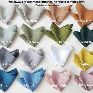 May include: Fabric swatches in various colors, including natural light, natural, camel brown, amber orange, sage green, khaki green, moss green, emerald green, dark grey, light grey, white, yellow, blue, light blue, blush pink, and dusty rose. The fabric is 100% linen and semi-sheer.
