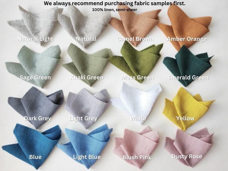 May include: Fabric swatches in various colors, including natural light, natural, camel brown, amber orange, sage green, khaki green, moss green, emerald green, dark grey, light grey, white, yellow, blue, light blue, blush pink, and dusty rose. The fabric is 100% linen and semi-sheer.
