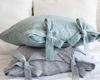 Linen pillowcase with ribbon ties, linen pillow cover, linen pillow sham cover with bow ties, bed pillow cover, linen pillow slip cover