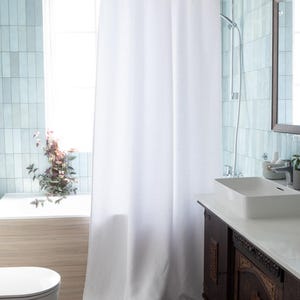Waterproof linen shower curtain with back tabs, long shower drape, wide bathtub curtain, shower curtain with liner, custom bathroom curtain