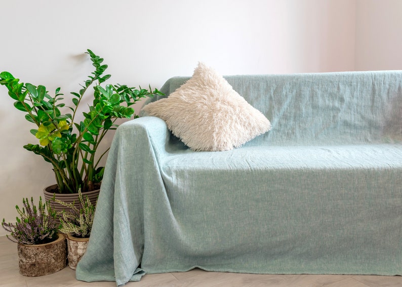 Linen couch coverlet. Green loose washed fabric sofa bedspread Etsy