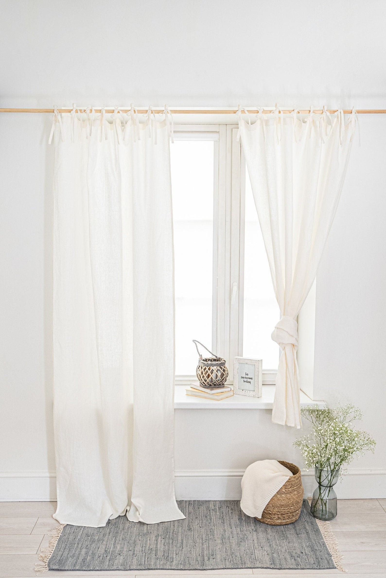 Tie Top Linen Curtain Panel. Natural Linen Window Drape. Semi Etsy
