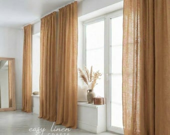Linen Curtain Panel with Tape, Ceiling Track Curtain, Back Tab Linen Drape, Custom Size Window Curtain - 1 Panel