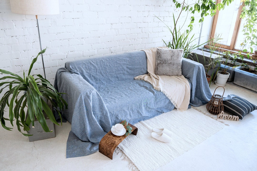 Loose Linen Couch Slipcover. Blue Natural Fabric Bed Etsy