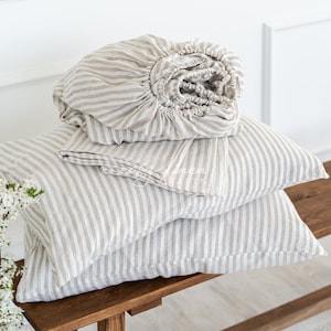 Bed Sheet Set - Linen Fitted Sheet, Flat Sheet and 2 Linen Pillowcases, Striped Linen Bedding Set, Organic Linen Sheets and Pillow Covers