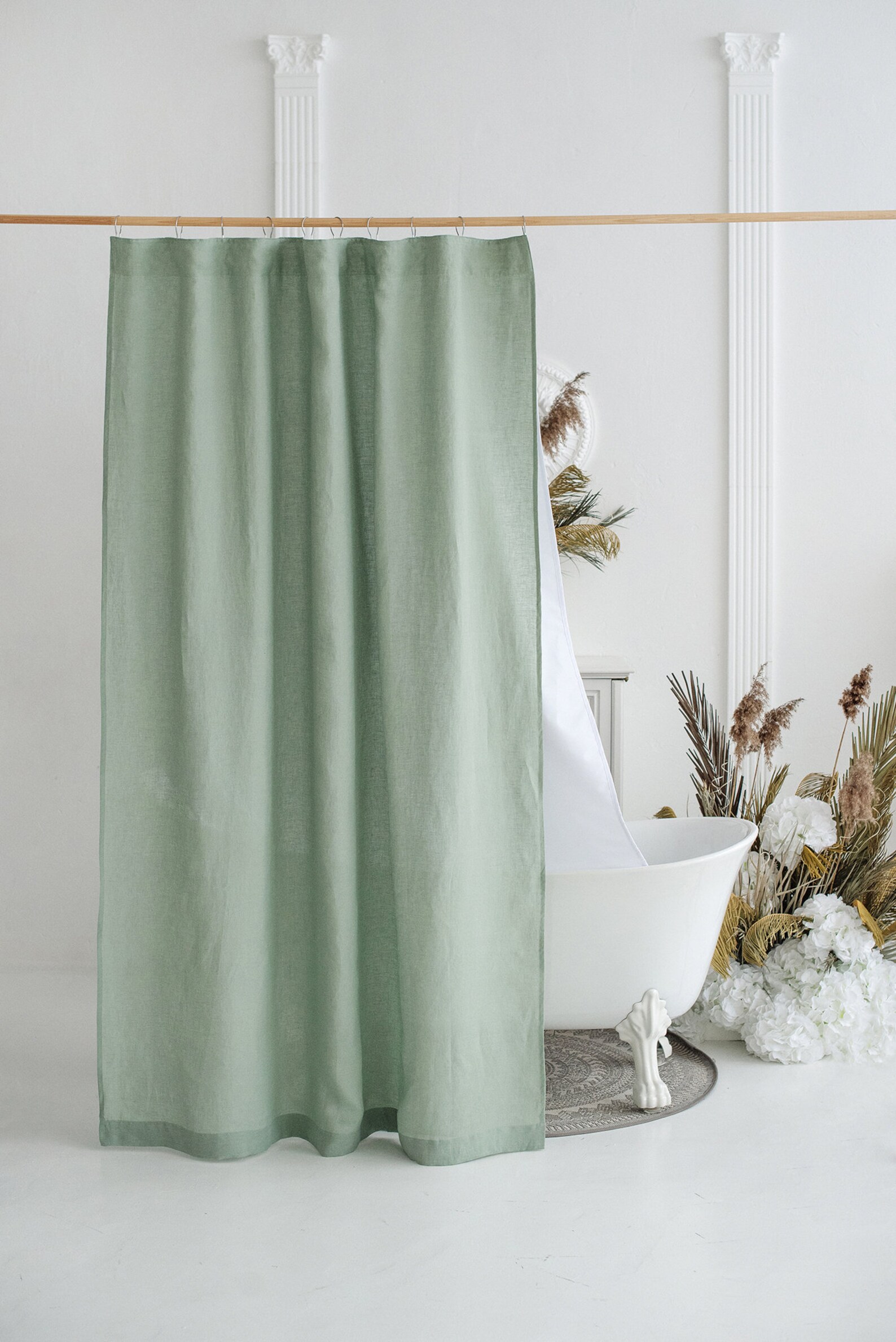 Sage Green Shower Curtain With Waterproof Lining Linen Shower Etsy