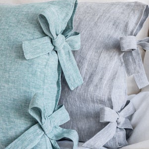 Linen pillow cover, linen pillowcase with ribbon ties, natural linen pillow case, linen pillow sham cover with bow ties, custom pillow cover image 4