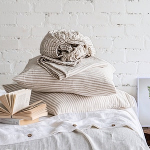 Linen Bed Sheets Set -  Flat Sheet, Fitted Sheet and 2 Pillowcases - Striped Natural Bedding - Queen King Full Double Custom Linen Bedding