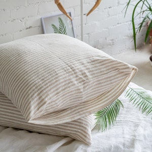 Striped Natural linen pillowcase. Stonewashed fabric standard, Queen, King custom bed pillow cover. Washed farmhouse sofa cushion pillowslip