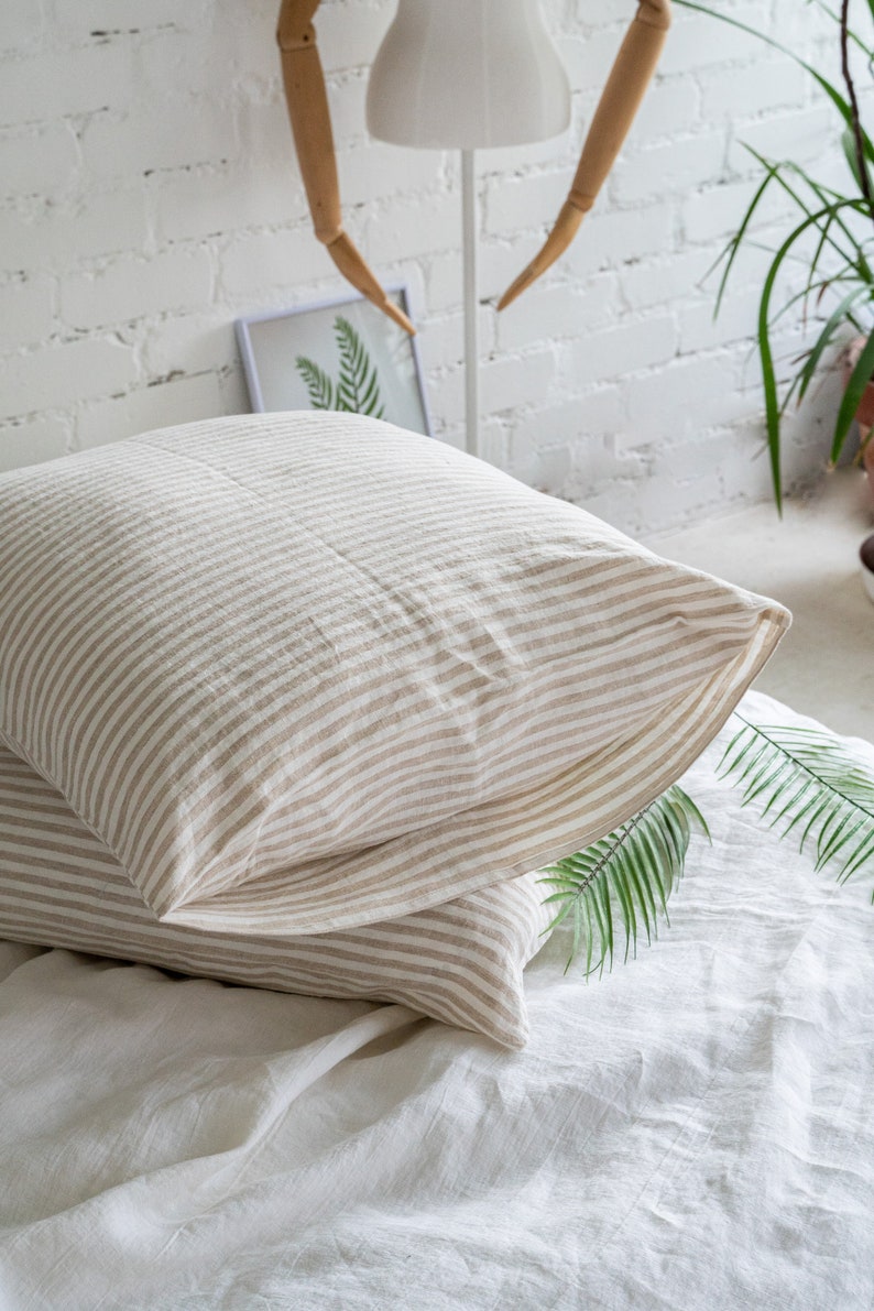 Striped Natural linen pillowcase. Stonewashed fabric standard, Queen, King custom bed pillow cover. Washed farmhouse sofa cushion pillowslip