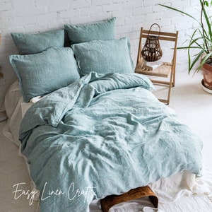 Linen Bed Set Duvet Cover and 2 Pillowcases Queen, King, Custom Bedding Set, Melange Green Linen Duvet and Pillows, Ideal Wedding Gift image 2