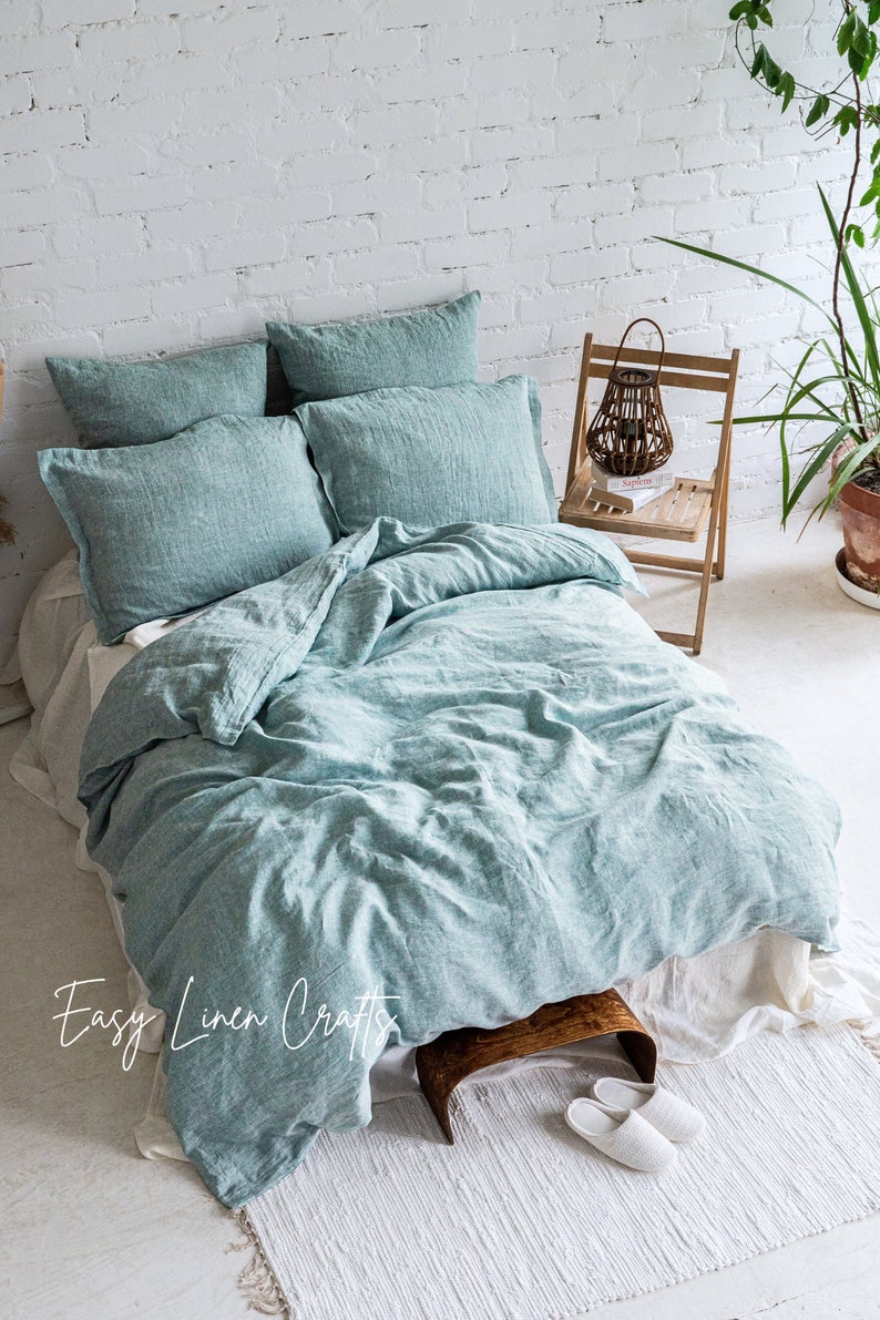 Linen Bed Set Duvet Cover and 2 Pillowcases Queen, King, Custom Bedding Set, Melange Green Linen Duvet and Pillows, Ideal Wedding Gift image 2