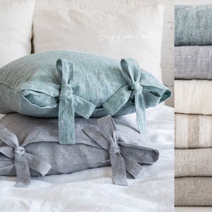 Linen pillow covers set of 2, pillowcases with ribbon ties, bed pillow cases, pure linen sham covers with bow ties, custom pillow covers