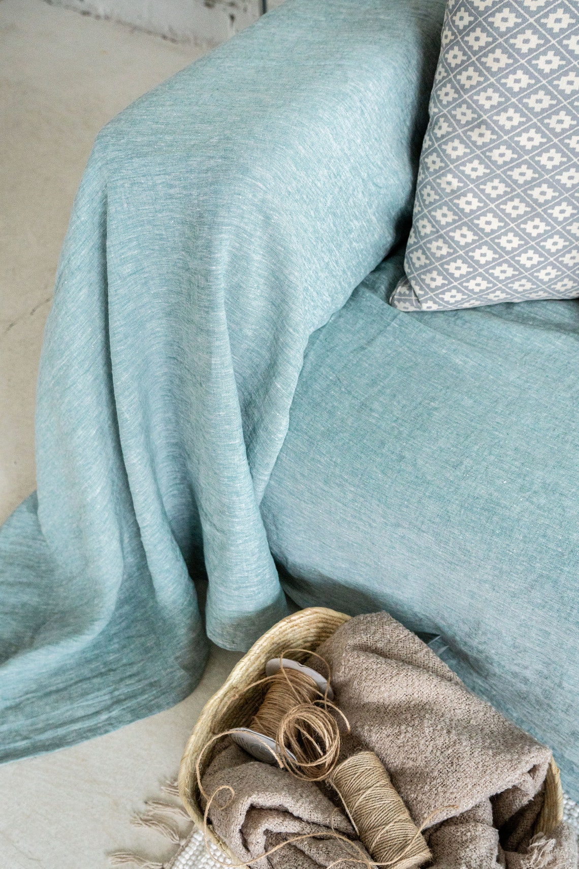 Linen couch coverlet. Green loose washed fabric sofa bedspread Etsy