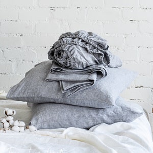 Linen Sheet Set - Fitted Sheet, Flat Sheet and 2 Pillowcases - Melange Grey Queen King Twin Custom Bedding - Bed Sheets, Bed Pillow Covers