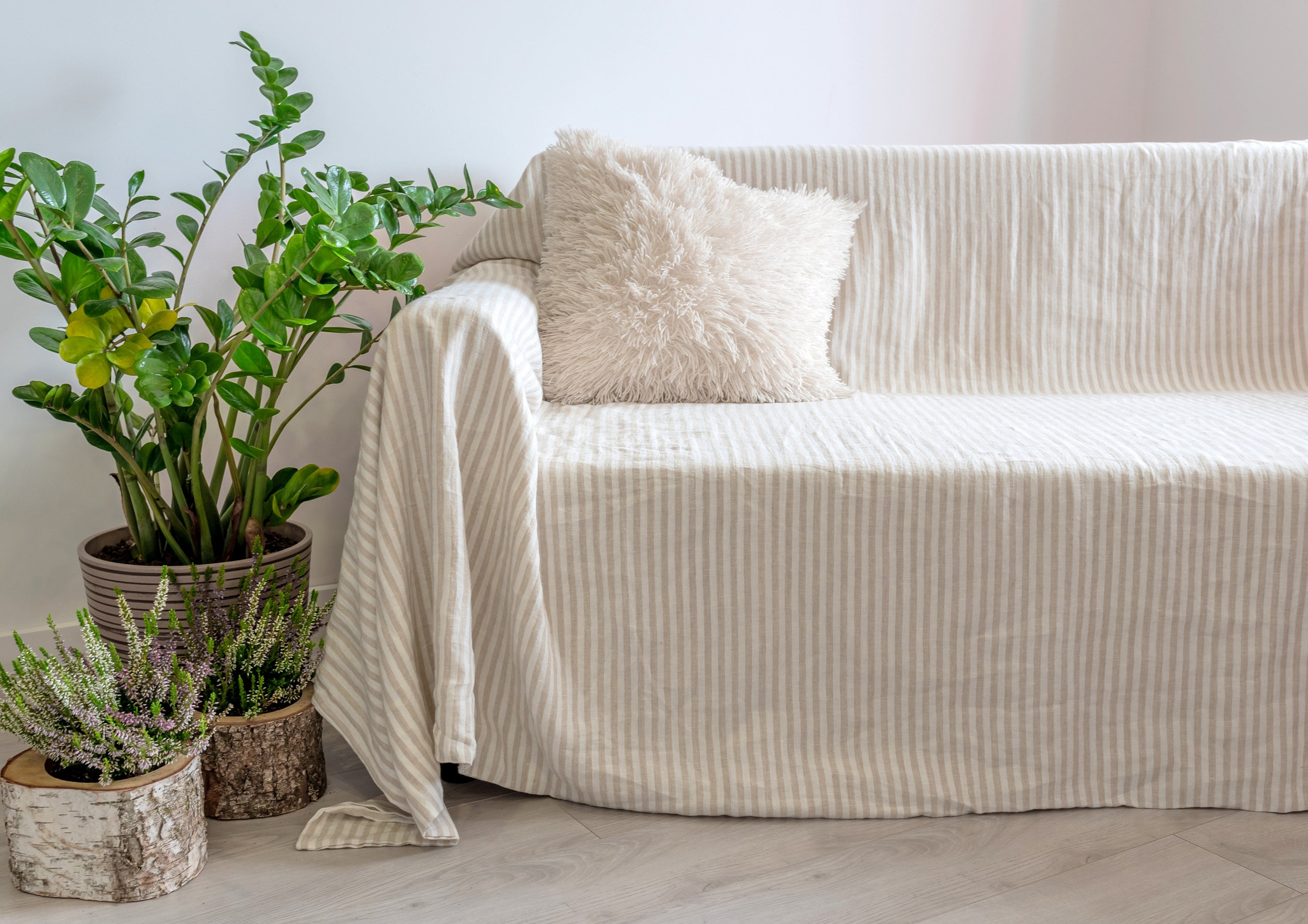 Striped natural sofa cover. Loose linen couch cover. Washed Etsy