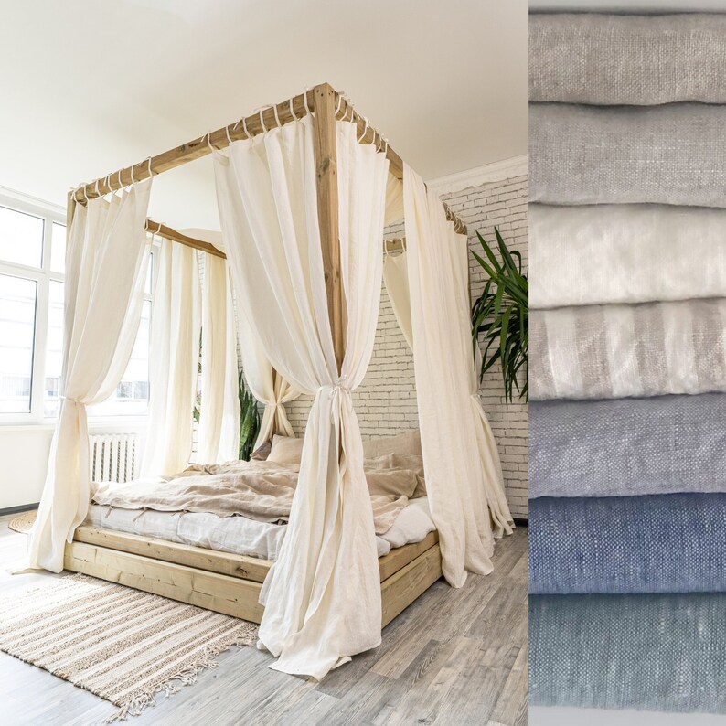 Linen Canopy Drape Canopy Bed Curtains With Top Ties Linen Etsy