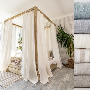 Bed Canopy Curtain Panel | Linen Canopy Drape | Linen Curtain Panel With Ties | Semi Sheer Curtain | Custom Curtain for Canopy - 1 Panel
