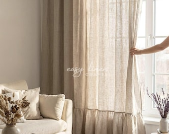 Ruffled linen curtain panel, semi sheer curtain, stonewashed linen extra long curtain for bedroom, back tabs custom curtain - 1 linen panel