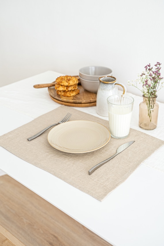 Natural Linen Placemats Set. Fabric Place Mats. Set of 4, 6, 8, 10