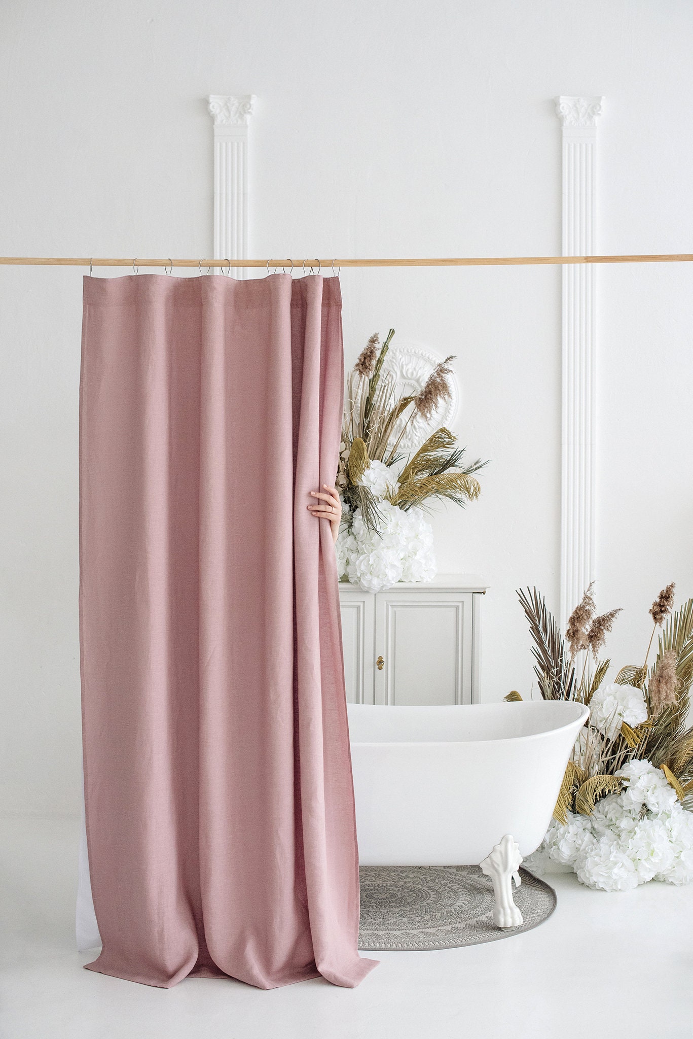 Dusty Rose Linen Shower Curtain With Waterproof Lining Etsy