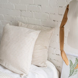 Striped Natural linen pillowcase. Stonewashed fabric standard, Queen, King custom bed pillow cover. Washed farmhouse sofa cushion pillowslip