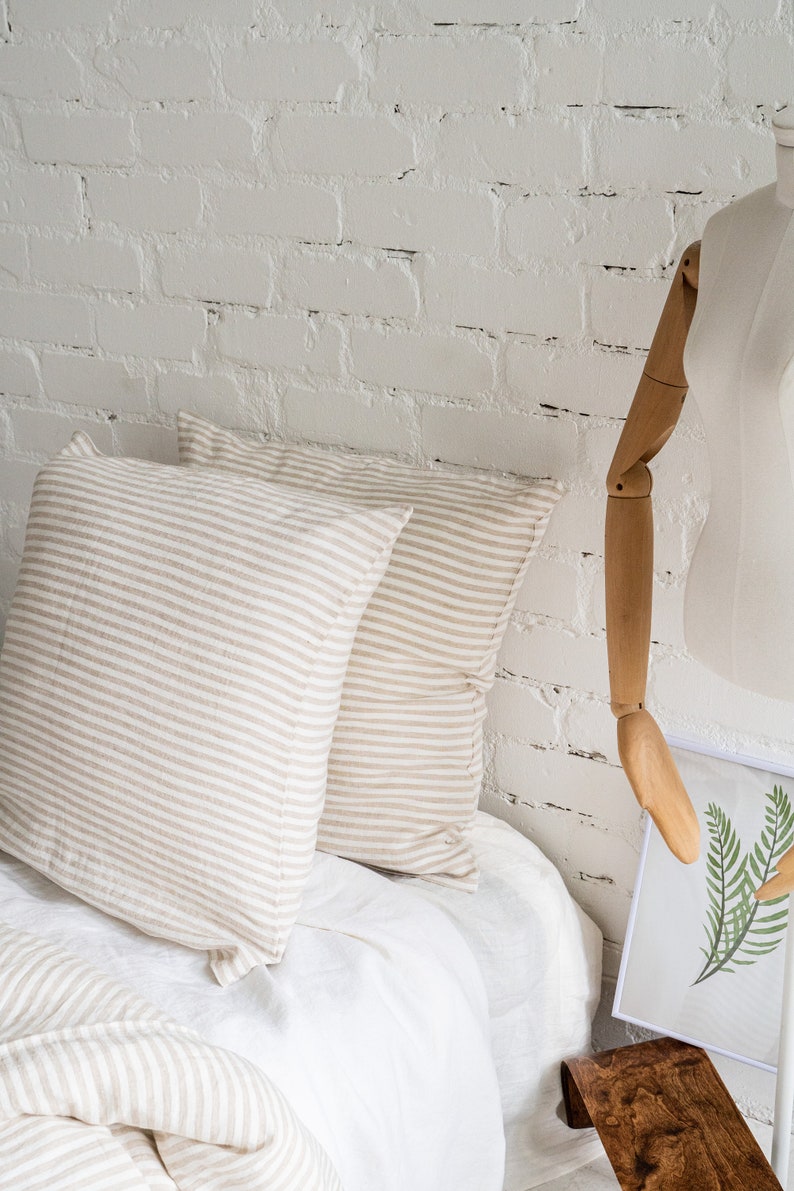 Striped Natural linen pillowcase. Stonewashed fabric standard, Queen, King custom bed pillow cover. Washed farmhouse sofa cushion pillowslip