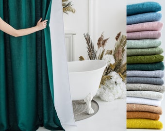 Waterproof linen shower curtain panel, bathtub curtain with waterproof lining, linen fabric bathroom curtain, custom curtain