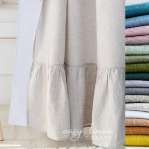Linen Shower Curtain with Liner, Ruffled Bathtub Curtain, Waterproof Shower Curtain, Luxury Custom Bathroom Curtain with Buttonholes Top