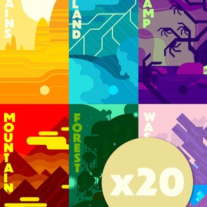 May include: A set of six rectangular cards featuring stylized landscape illustrations labeled PLAINS, ISLAND, SWAMP, MOUNTAIN, FOREST, and WASTELAND. A large circular beige sticker with the text x20 is overlaid on the bottom right corner.