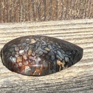 May include: A polished, oval-shaped stone with a mosaic-like pattern in shades of brown, gray, and white. The stone has a smooth, glossy surface and appears to be a natural gemstone or mineral specimen. The stone is resting on a wooden surface.